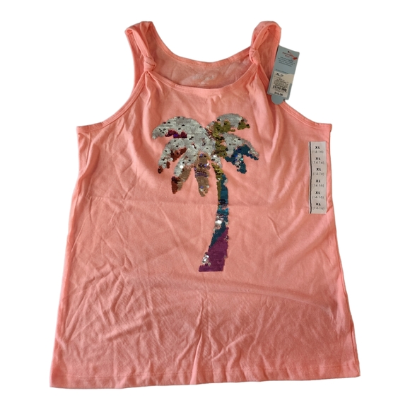 NWT Girls Peach Tank Top with Sequined Palm Tree Size 14/16 - Picture 1 of 8